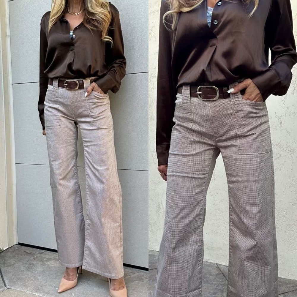 Bevy Flog NEW Women's Josie Wide Leg Pull On Pants | Light‎ Brown Check Sz 29